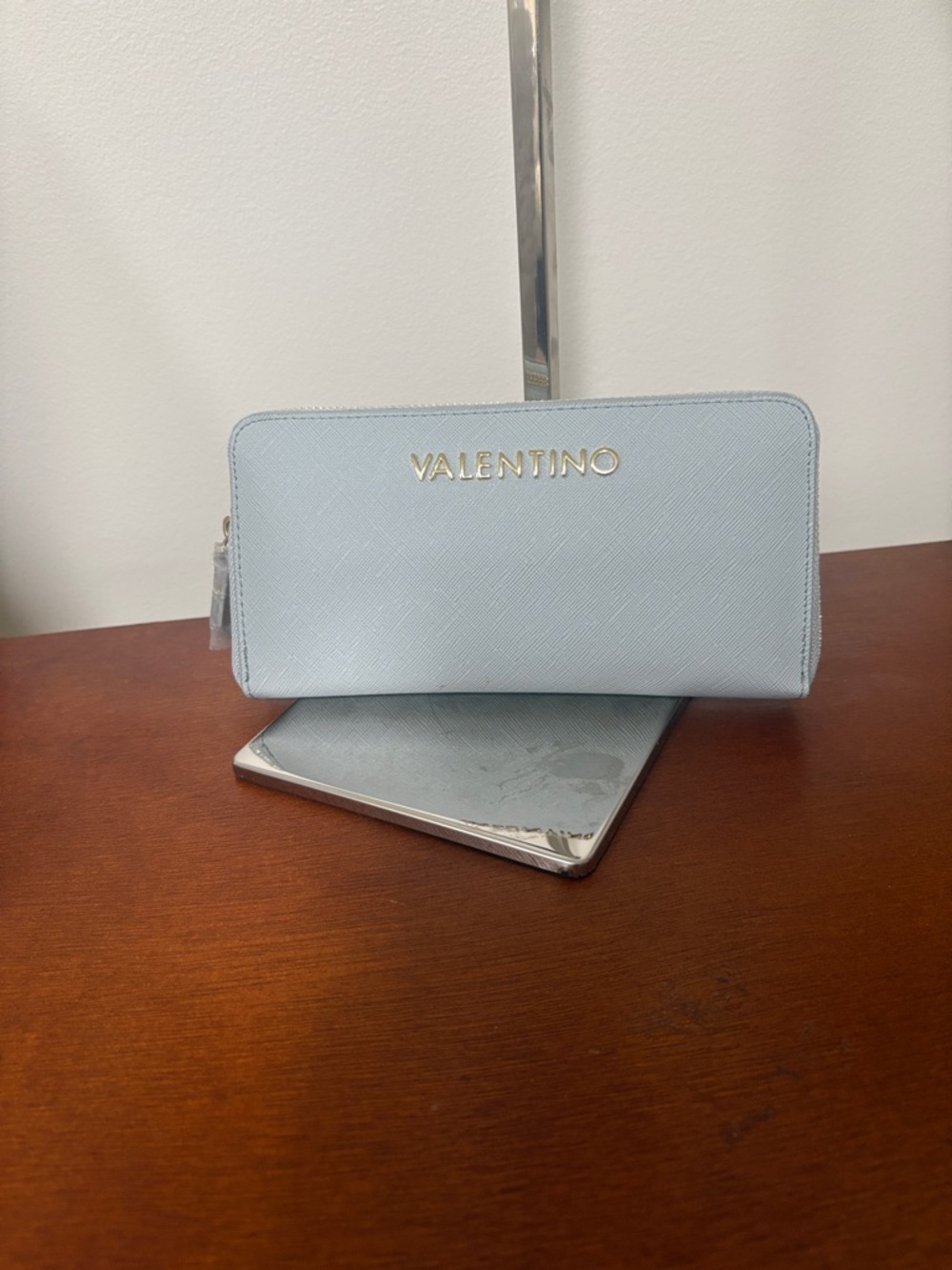 Valentino Pale Blue Zip Wallet with Gold Logo Mario Valentino